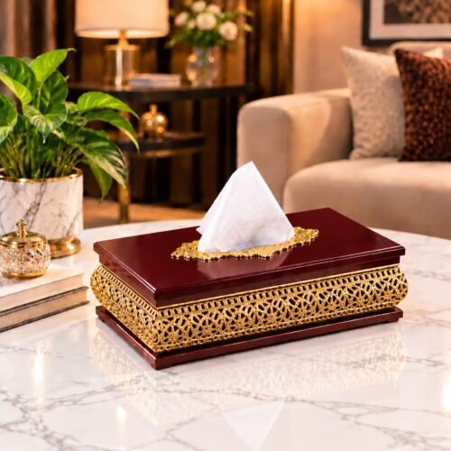 Arabian Style Maroon & Golden Wooden Tissue Box (TB-104)